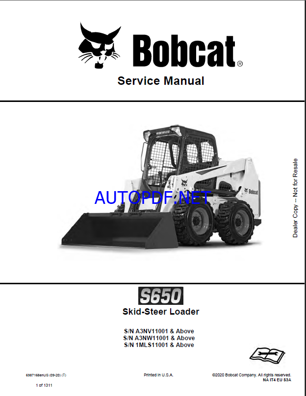 Bobcat S650 Loader Service Manual (6987168) (SN 1MLS11001-1MLS99999)