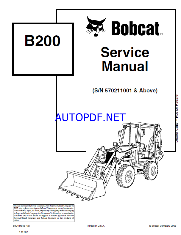 Bobcat B200 Backhoe Loader Service Manual (6901848) (SN 570211001-570299999)