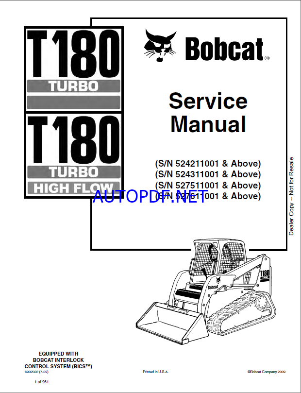 Bobcat T180 Loader Service Manual (6902502) (SN 527611001-527699999)