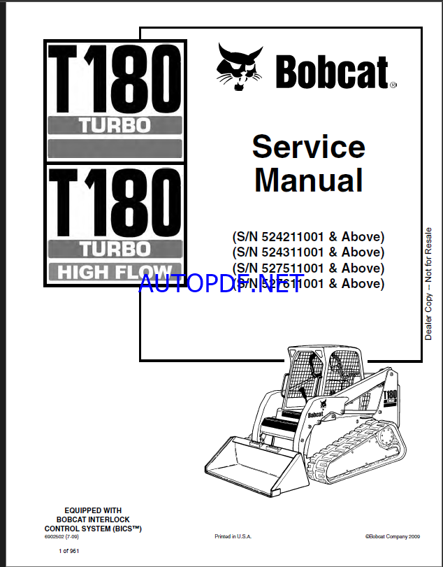 Bobcat T180 Loader Service Manual (6902502) (SN 527511001-527599999)