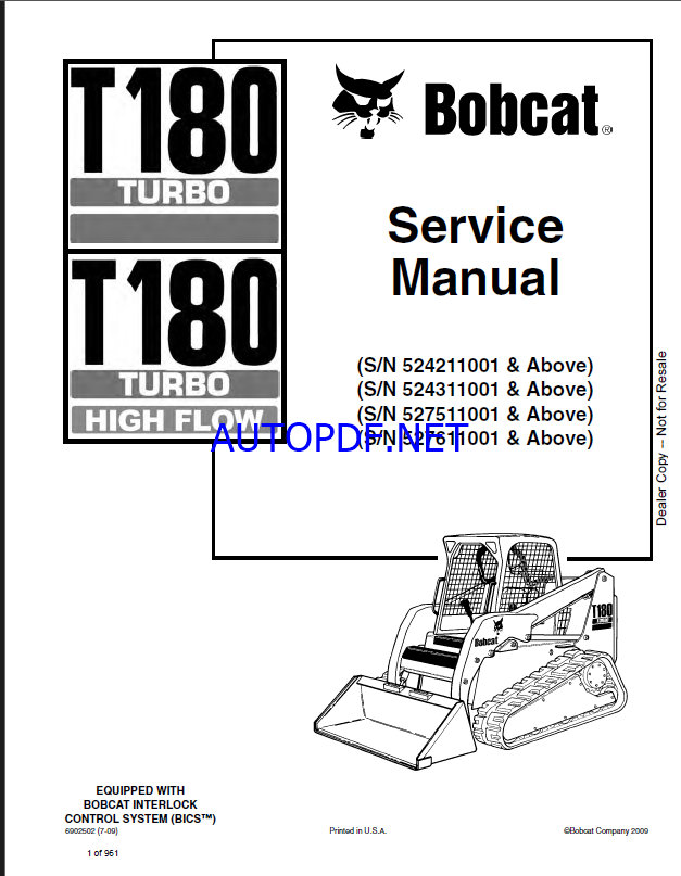 Bobcat T180 Loader Service Manual (6902502) (SN 524311001-524399999)