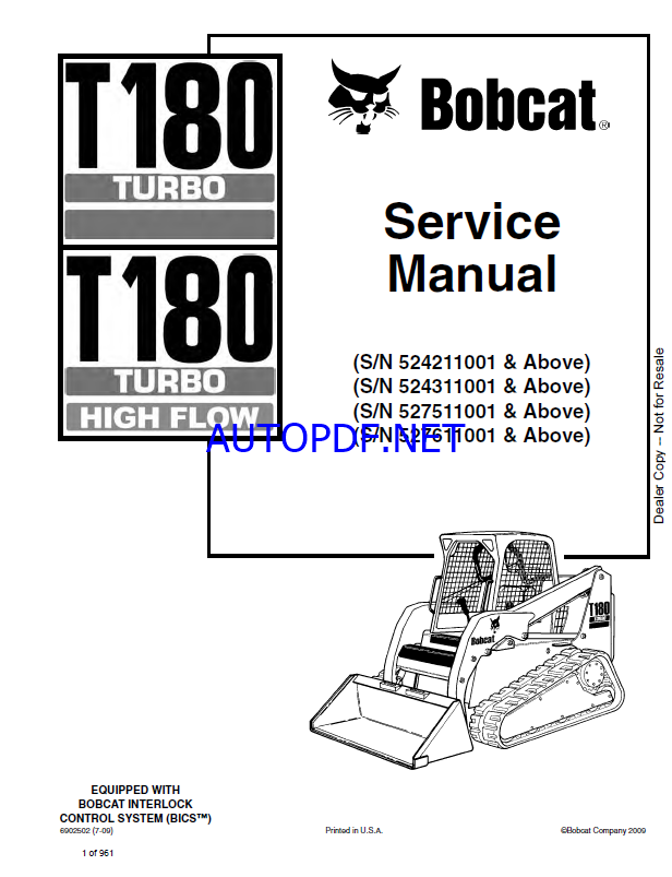 Bobcat T180 Loader Service Manual (6902502) (SN 524211001-524299999)
