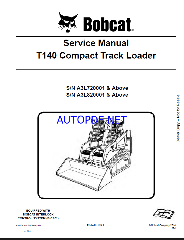 Bobcat T140 Loader Service Manual (6987041) (SN A3L820001-A3L899999)