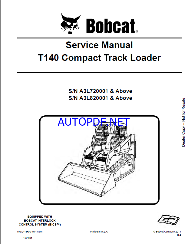 Bobcat T140 Loader Service Manual (6987041) (SN A3L720001-A3L799999)