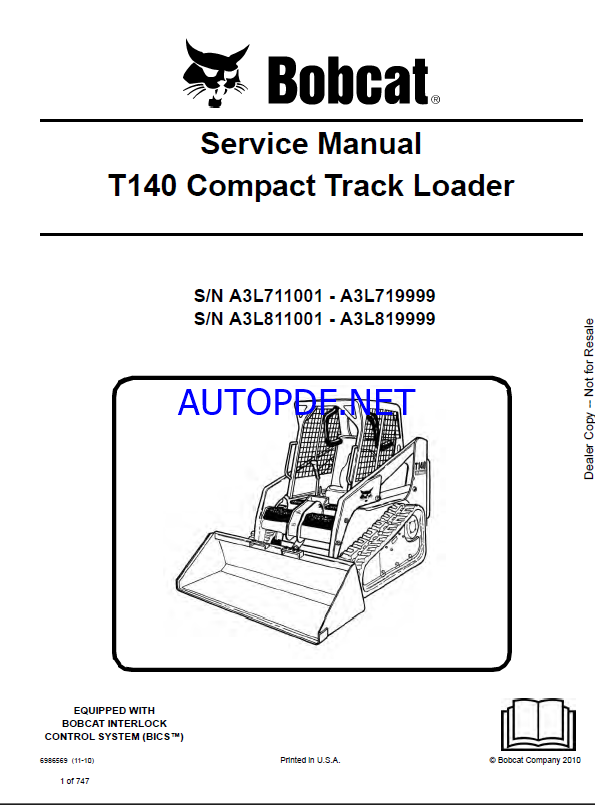 Bobcat T140 Loader Service Manual (6986569) (SN A3L811001-A3L819999)