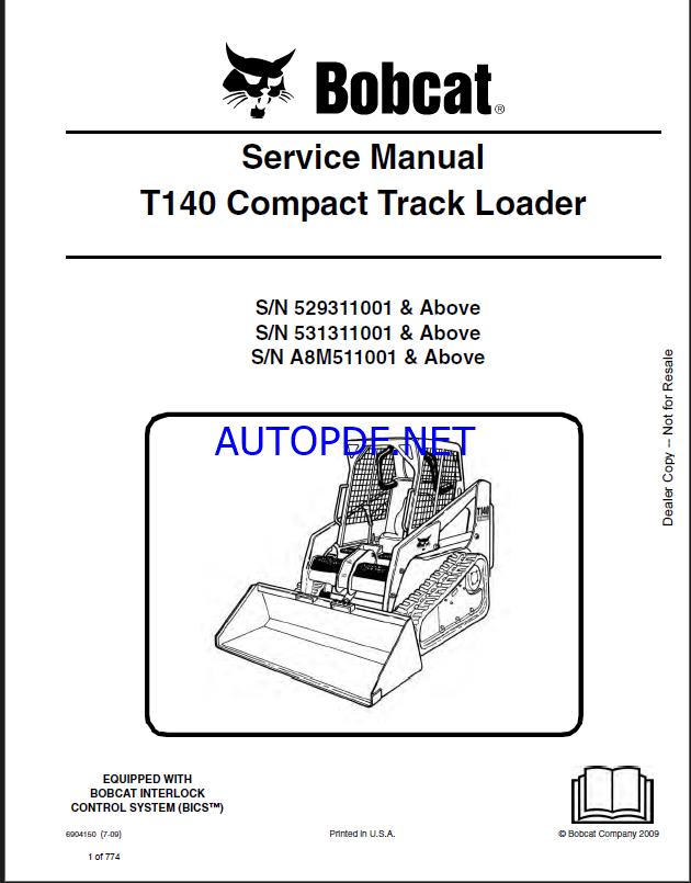Bobcat T140 Loader Service Manual (6904150) (SN A8M511001-A8M599999)