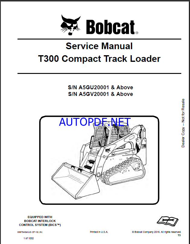 Bobcat T300 Loader Service Manual (6987045) (SN A5GU20001-A5GU99999)