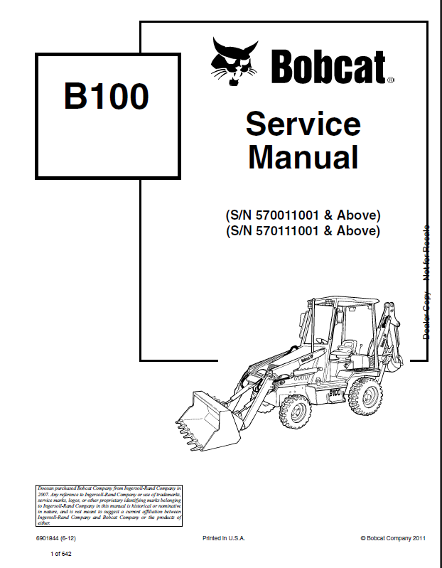 Bobcat B100 Backhoe Loader Service Manual (6901844) (SN 570111001-570199999)