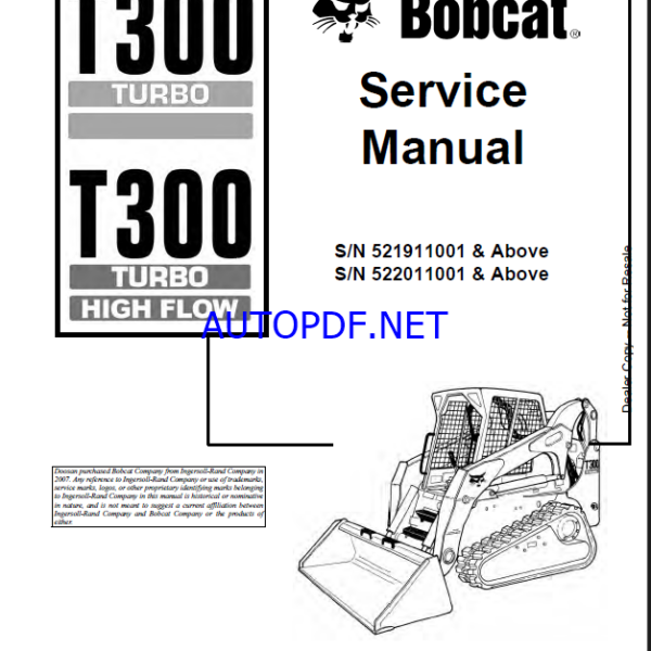 Bobcat T300 Loader Service Manual (6901936) (SN 522011001-522099999)