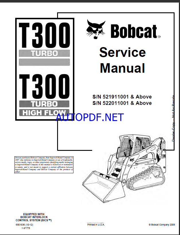 Bobcat T300 Loader Service Manual (6901936) (SN 522011001-522099999)