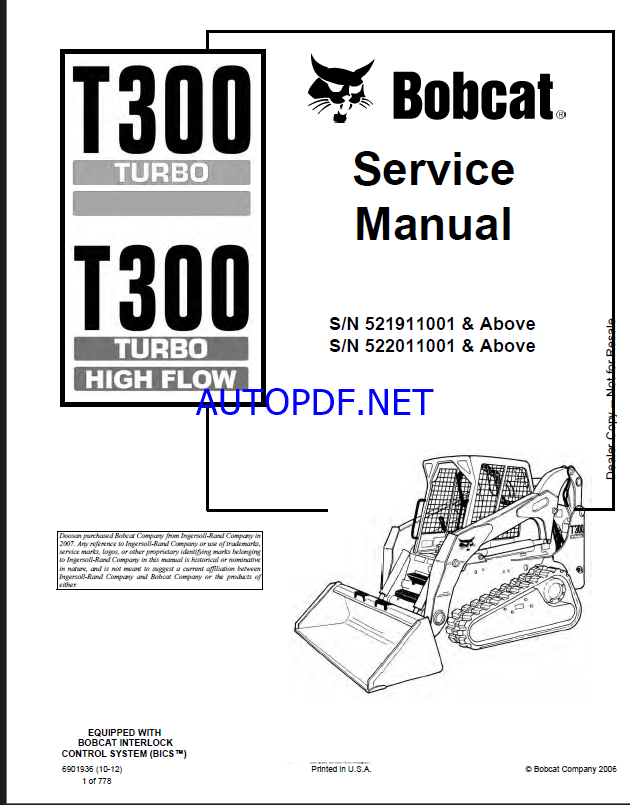 Bobcat T300 Loader Service Manual (6901936) (SN 521911001-521999999)
