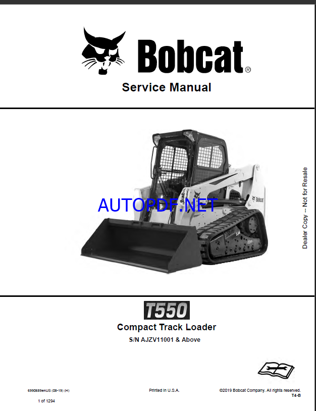 Bobcat T550 Loader Service Manual (6990689) (SN AJZV11001-AJZV99999)