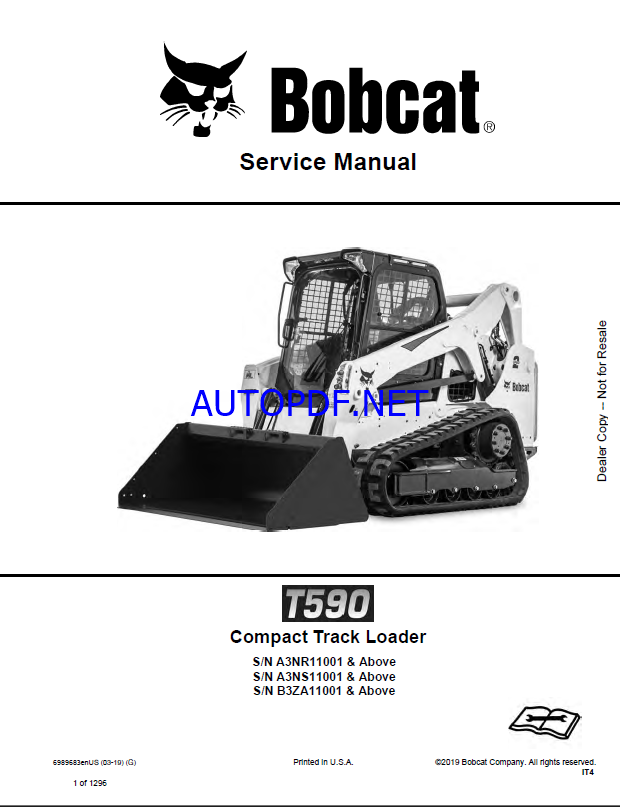 Bobcat T590 Loader Service Manual (6989683) (SN B3ZA11001-B3ZA99999)
