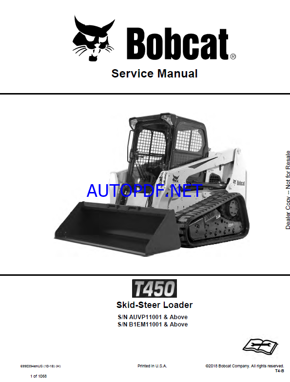 Bobcat T450 Loader Service Manual (6990394) (SN AUVP11001-AUVP99999)