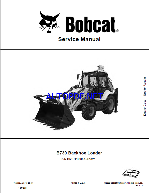 Bobcat B730 Backhoe Loader Service Manual (7402302) (SN B53R11000-B53R99999)