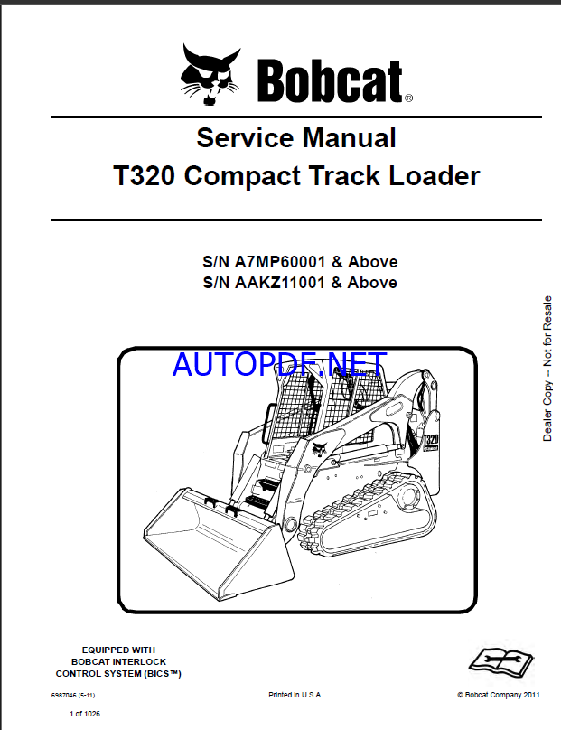 Bobcat T320 Loader Service Manual (6987046) (SN A7MP60001-A7MP99999)