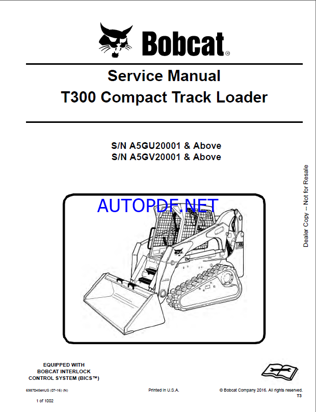 Bobcat T300 Loader Service Manual (6987045) (SN A5GV20001-A5GV99999)