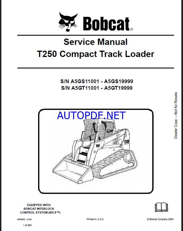 Bobcat T250 Loader Service Manual (6986682) (SN A5GT11001-A5GT19999)