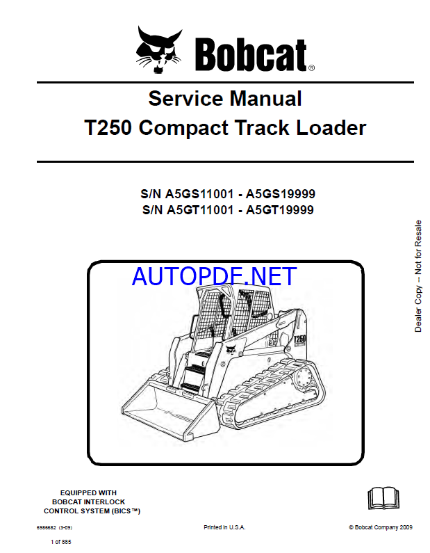 Bobcat T250 Loader Service Manual (6986682) (SN A5GS11001-A5GS19999)