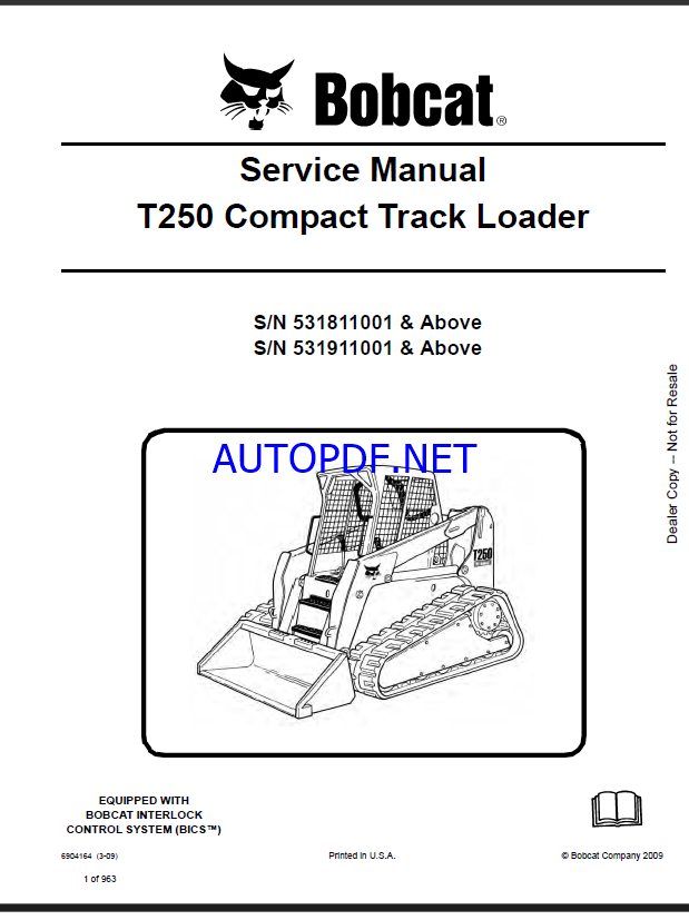 Bobcat T250 Loader Service Manual (6904164) (SN 531811001-531899999)