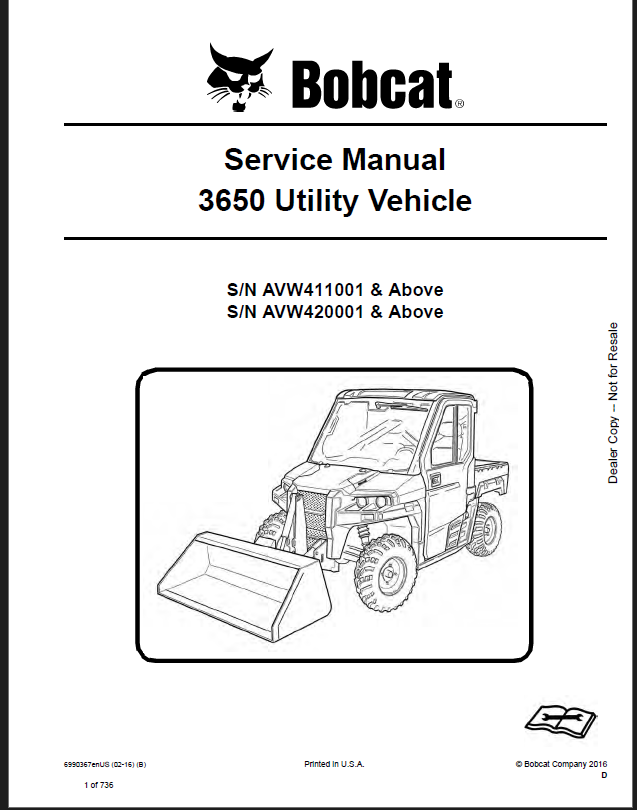 Bobcat 3650 Utility Vehicle Service Manual (6990367) (SN AVW420001-AVW499999)
