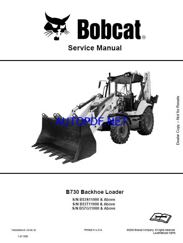 Bobcat B730 Backhoe Loader Service Manual (7402295) (SN B57G11000-B57G99999)