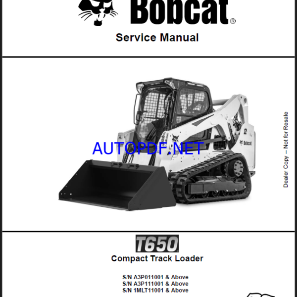 Bobcat T650 Loader Service Manual (6987172) (SN A3P011001-A3P099999)