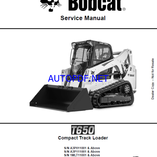 Bobcat T650 Loader Service Manual (6987172) (SN 1MLT11001-1MLT99999)