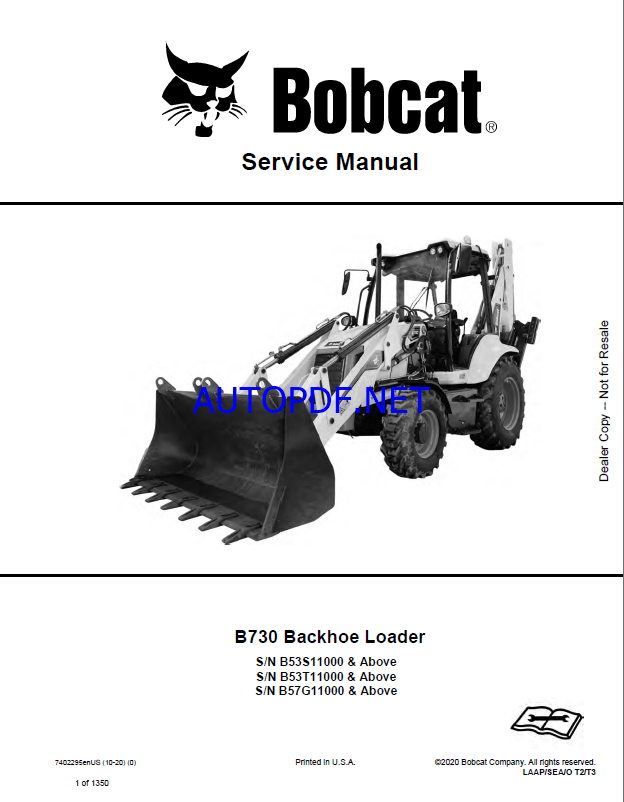 Bobcat B730 Backhoe Loader Service Manual (7402295) (SN B53T11000-B53T99999)