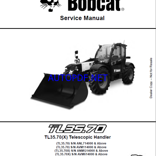 Bobcat TL3570 VersaHANDLER® TTC, Telescopic Handler Service Manual (7283169) (SN AVM614000-AVM699999)