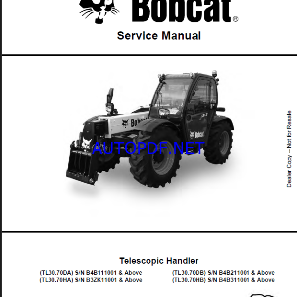 Bobcat TL3070 VersaHANDLER® TTC, Telescopic Handler Service Manual (7319660) (SN B4B211001-B4B299999)