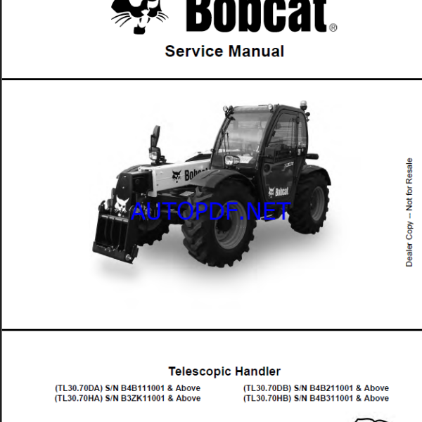 Bobcat TL3070 VersaHANDLER® TTC, Telescopic Handler Service Manual (7319660) (SN B3ZK11001-B3ZK99999)