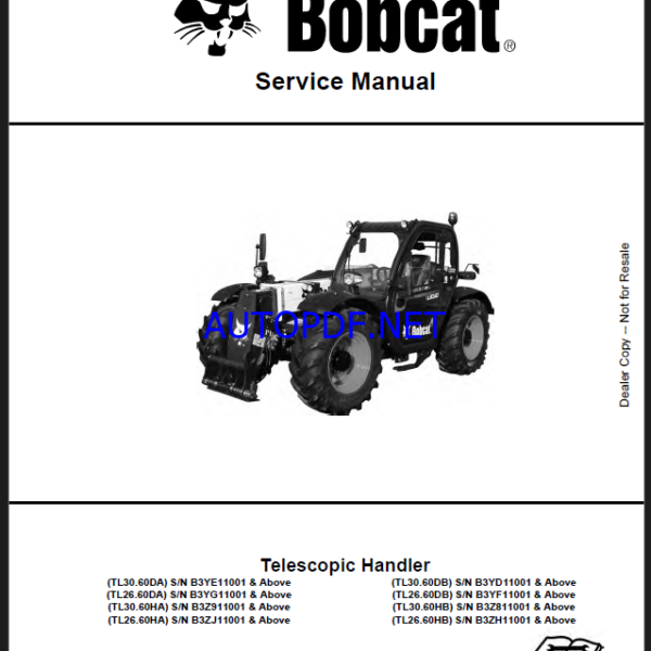 Bobcat TL3060 VersaHANDLER® TTC, Telescopic Handler Service Manual (7282535) (SN B3Z911001-B3Z999999)