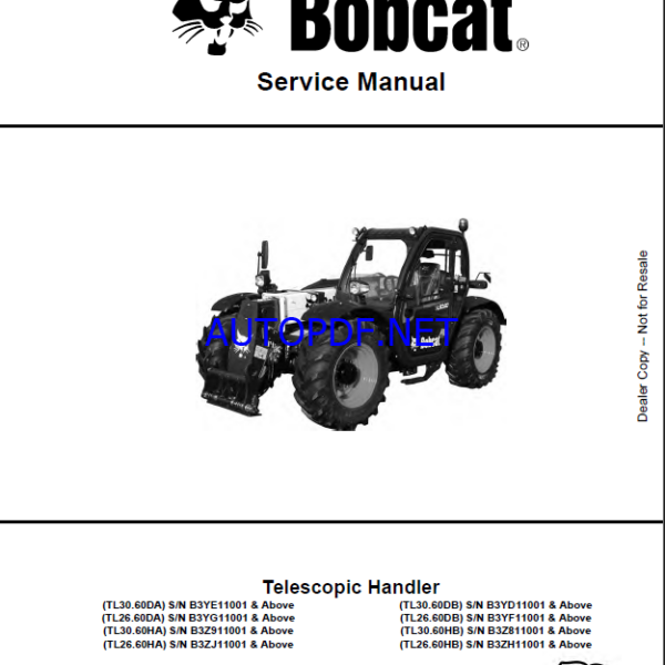 Bobcat TL3060 VersaHANDLER® TTC, Telescopic Handler Service Manual (7282535) (SN B3Z811001-B3Z899999)