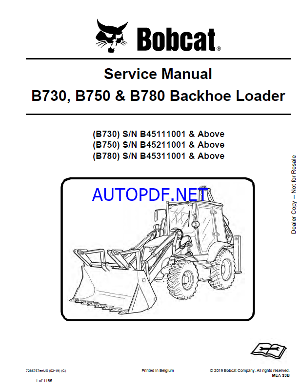 Bobcat B730 Backhoe Loader Service Manual (7286757) (SN B45111001-B45199999)