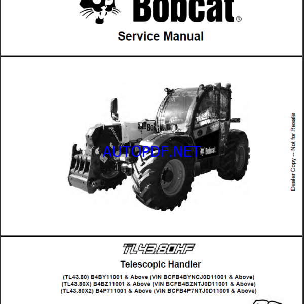 Bobcat TL4380HF VersaHANDLER® TTC, Telescopic Handler Service Manual (7318405) (SN B4BZ11001-B4BZ99999)