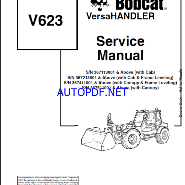 Bobcat V623 VersaHANDLER® TTC, Telescopic Handler Service Manual (6902407) (SN 367213001-367299999)
