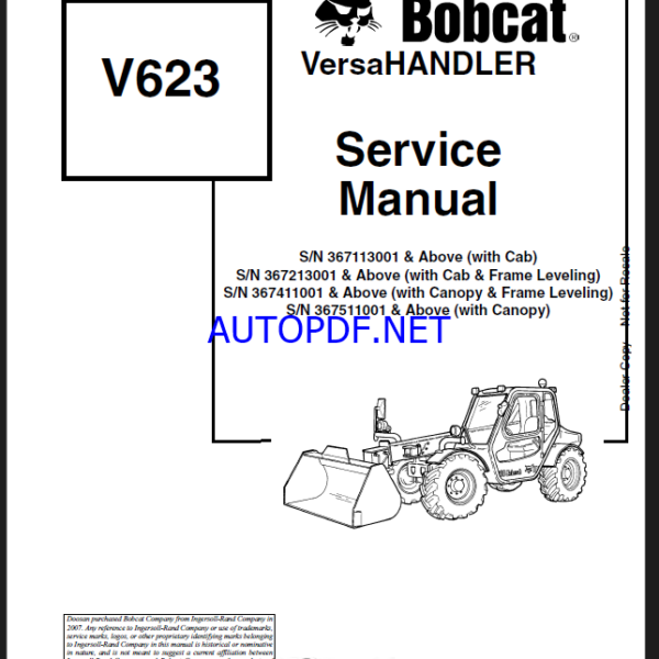 Bobcat V623 VersaHANDLER® TTC, Telescopic Handler Service Manual (6902407) (SN 367113001-367199999)
