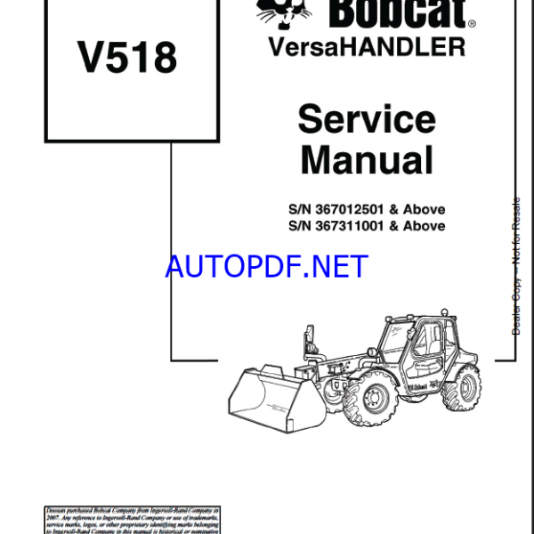 Bobcat V518 VersaHANDLER® TTC, Telescopic Handler Service Manual (6902406) (SN 367311001-367399999)