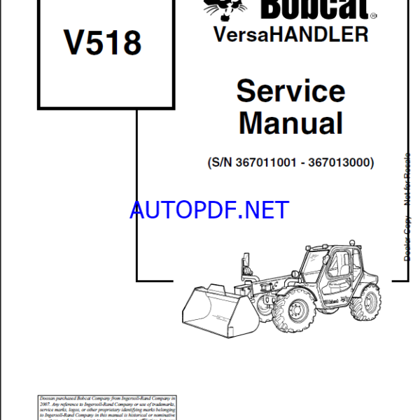 Bobcat VR518 VersaHANDLER® TTC, Telescopic Handler Service Manual (6901769) (NO SN)