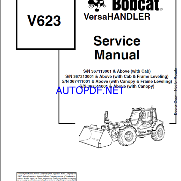 Bobcat V623 VersaHANDLER® TTC, Telescopic Handler Service Manual (6902407) (SN 367511001-367599999)