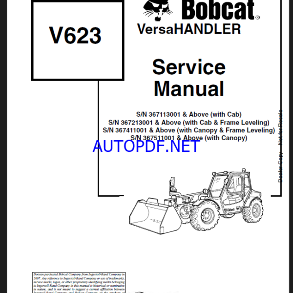 Bobcat V623 VersaHANDLER® TTC, Telescopic Handler Service Manual (6902407) (SN 367411001-367499999)Bobcat V623 VersaHANDLER® TTC, Telescopic Handler Service Manual (6902407) (SN 367411001-367499999)