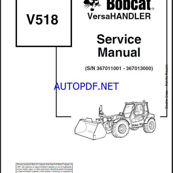 Bobcat V518 VersaHANDLER® TTC, Telescopic Handler Service Manual (6901769) (SN 367011001-367012500)