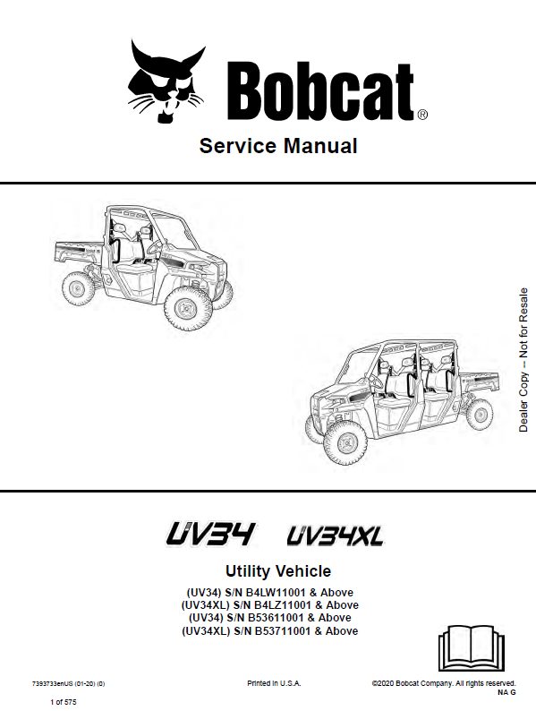 Bobcat UV34 Utility Vehicle Service Manual (7393733) (SN B4LW11001-B4LW99999)