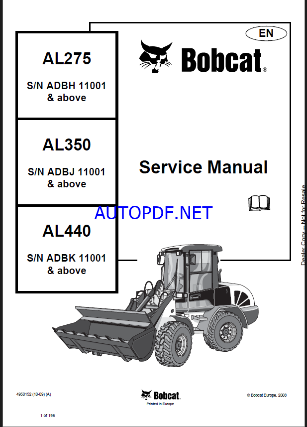 Bobcat AL275 Loader Articulated Service Manual (4950152) (SN ADBH11001-ADBH99999)