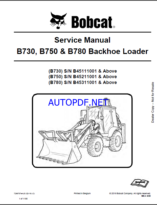 Bobcat B750 Backhoe Loader Service Manual (7286757) (SN B45211001-B45299999)
