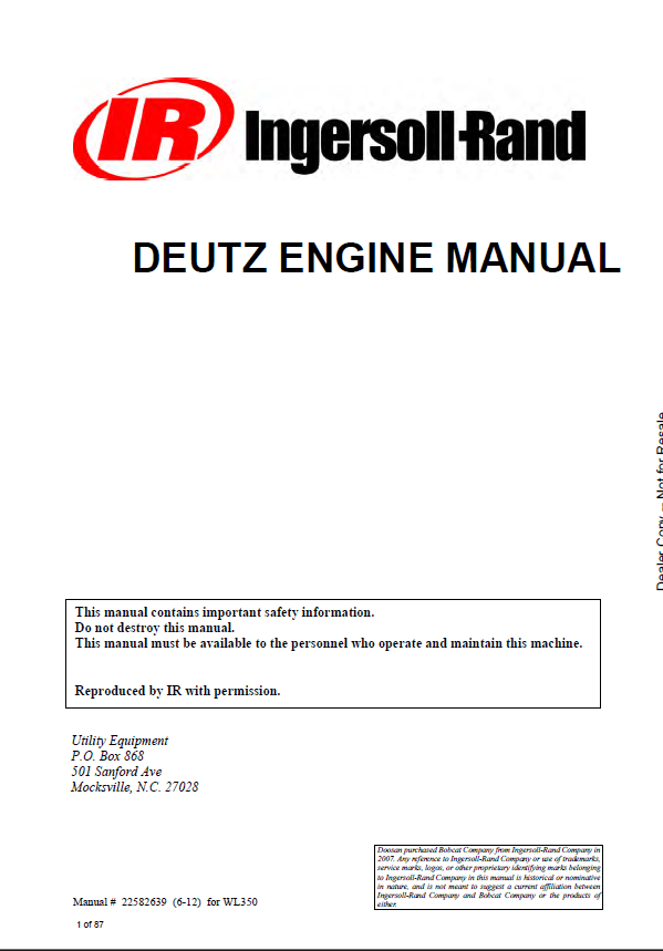 Bobcat WL350 Loader Articulated Service Manual (22582639) (NO SN)