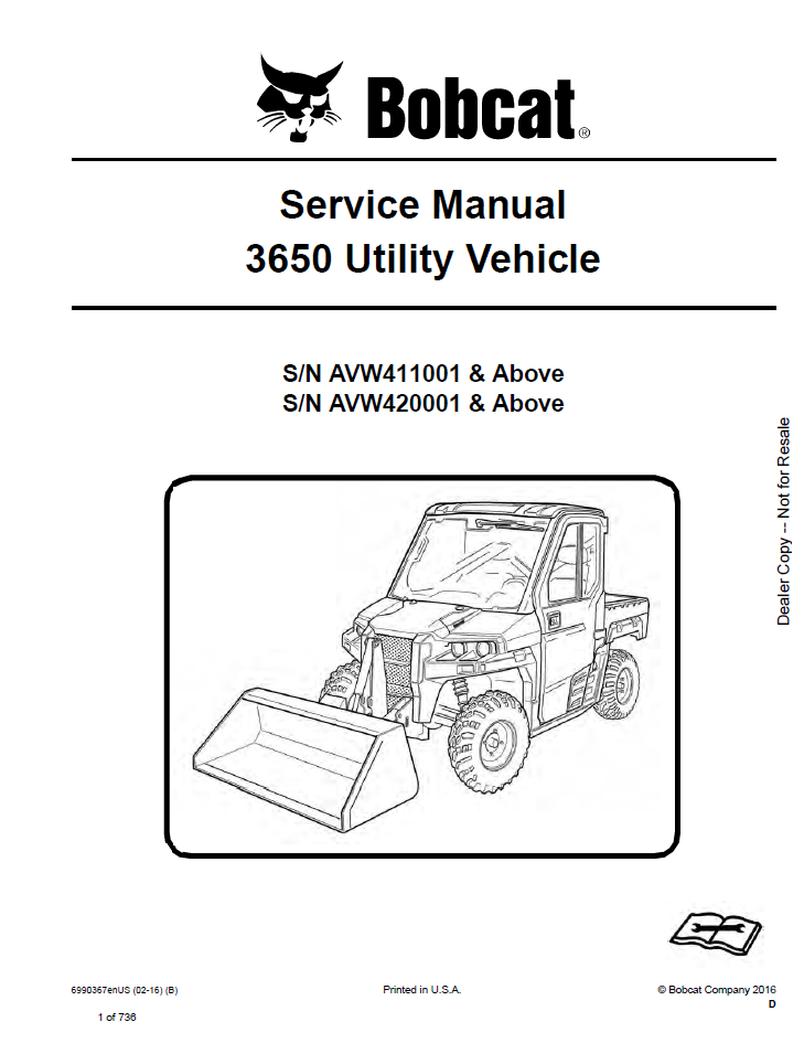 Bobcat 3650 Utility Vehicle Service Manual (6990367) (SN AVW411001-AVW499999)