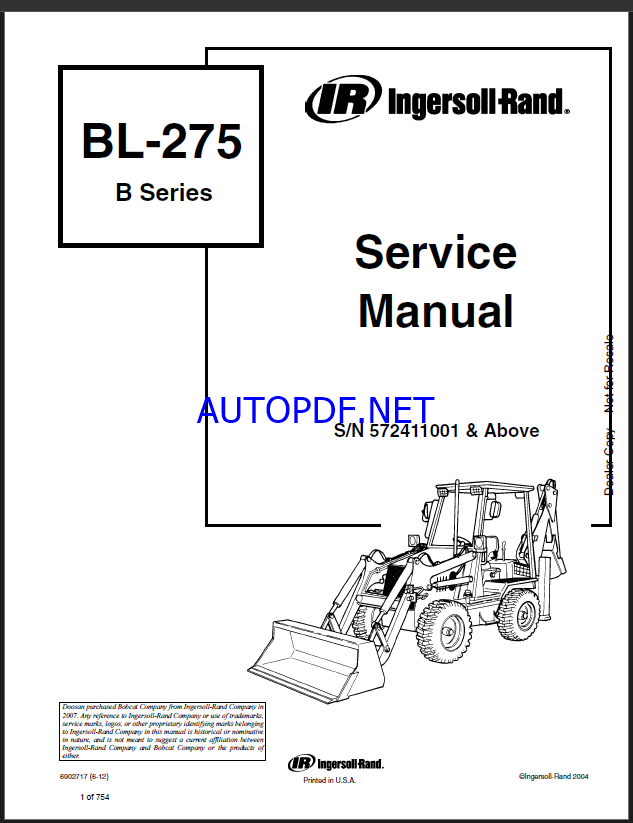 Bobcat BL275 Backhoe Loader Service Manual (6902717) (SN 572411001-572499999)