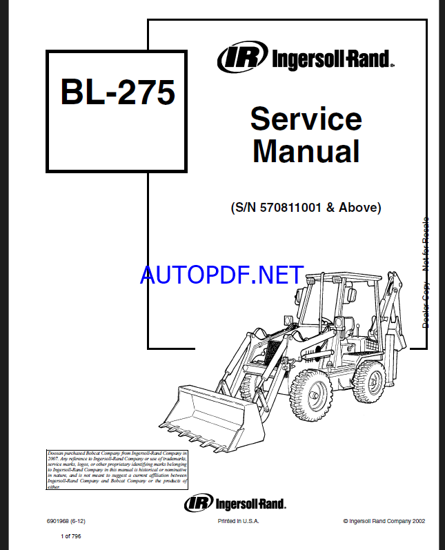 Bobcat BL275 Backhoe Loader Service Manual (6901968) (SN 570811001-570899999)